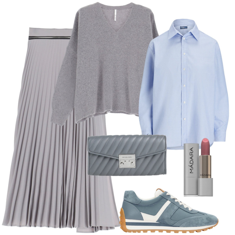 Outfit donna - Glam. Stile Casual chic per Tutti i giorni. Abbinamento con borse a mano, rossetti, gonne, maglieria, camicie, sneakers.