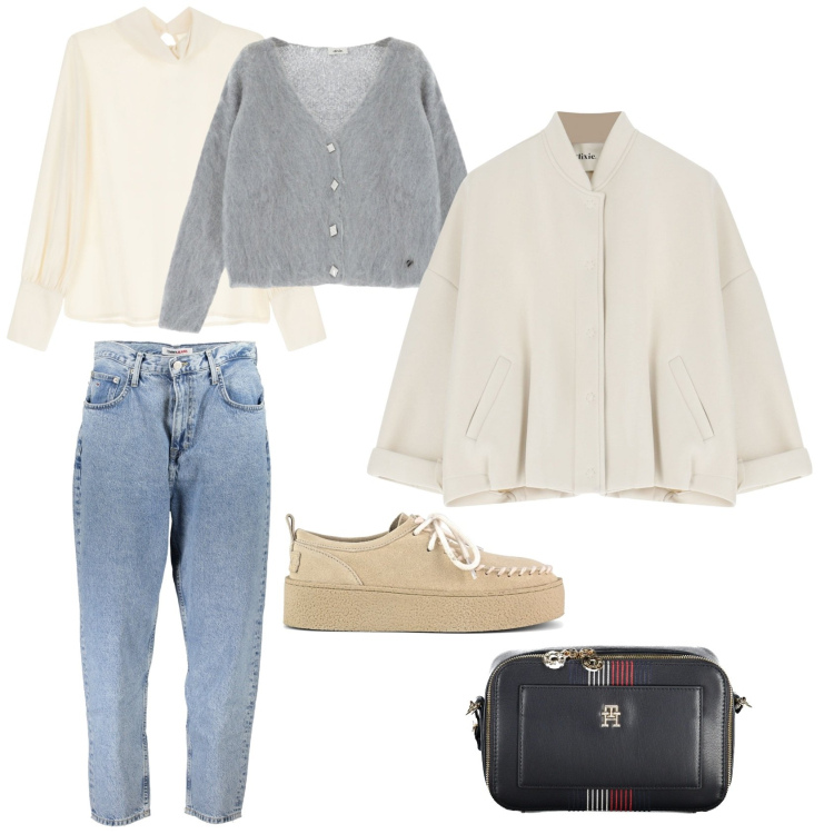 Outfit donna - Winter preppy chic. Stile Preppy per Tutti i giorni. Abbinamento con camicie, bomber, cardigans, mocassini, borse a tracolla, jeans mom.