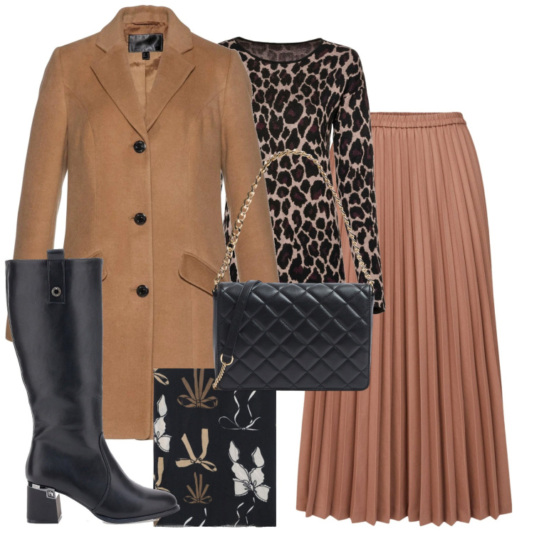 Outfit donna - City. Stile Urban per Tutti i giorni. Abbinamento con maglieria, cappotti, borse a tracolla, sciarpe, stivali sopra il ginocchio, minigonne.