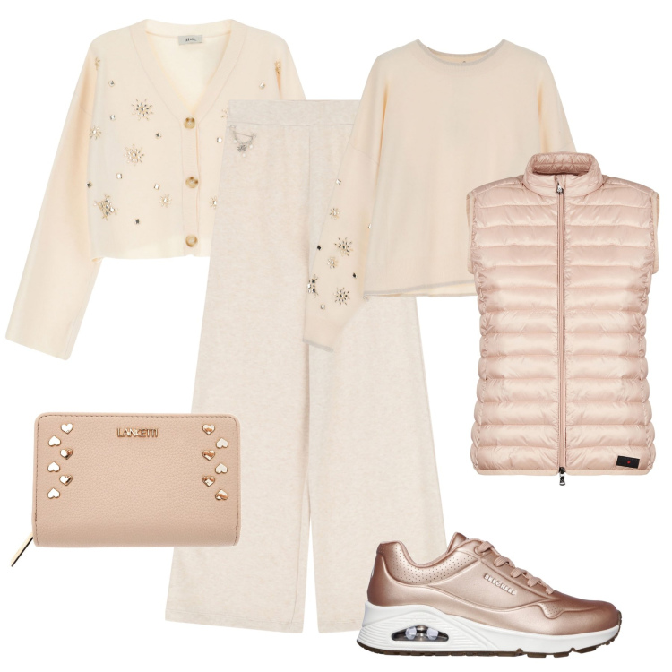 Outfit donna - Maglia all over e bijoux. Stile Casual chic per Tutti i giorni. Abbinamento con piumini, cardigans, pantaloni, maglieria, sneakers, portafogli.