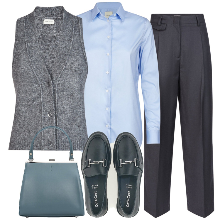 Outfit donna - Rientro in ufficio. Stile Minimal per Ufficio. Abbinamento con mocassini, maglieria, pantaloni, camicie, clutch.