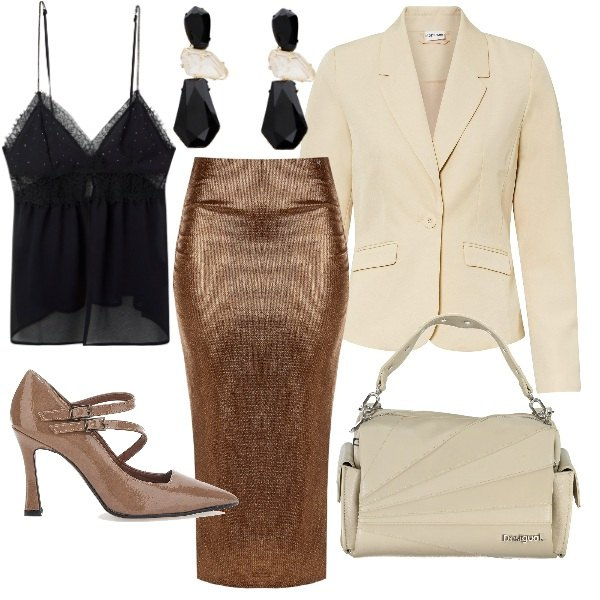 Outfit donna - Chic a cena. Stile Chic per Serata fuori. Abbinamento con blazer, canottiere, vestiti a tubino, orecchini, décolleté, borse a spalla.