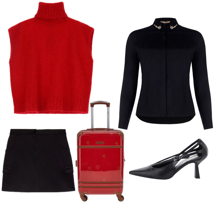 Outfit donna - Weekend. Stile Casual chic per Ufficio. Abbinamento con camicie, décolleté, gilet, minigonne, valigie.