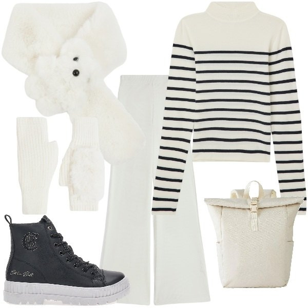 Outfit donna - Metropolitan in bianco. Stile Urban per Tutti i giorni. Abbinamento con zaini, sciarpe, maglieria, guanti, pantaloni, stivaletti.