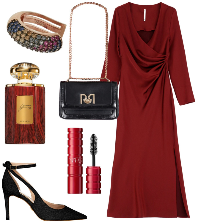 Outfit donna - Evento. Stile Glamour per Serata fuori. Abbinamento con mascara, profumi, décolleté, borse a tracolla, vestiti, orecchini.