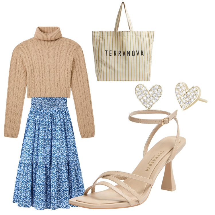 Outfit donna - Saldi. Stile Casual per Tutti i giorni. Abbinamento con sandali col tacco, borse tote, gonne lunghe, maglieria, orecchini.