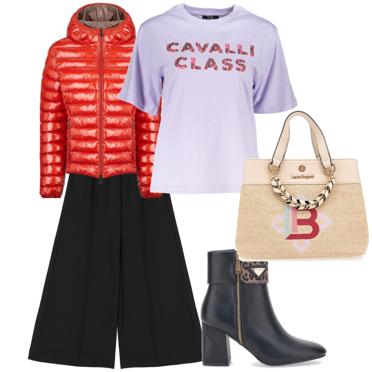 Outfit donna - Passeggiata di Capodanno. Stile Trendy per Tutti i giorni. Abbinamento con pantaloni, blazer, stivaletti, borse a mano, t-shirt.