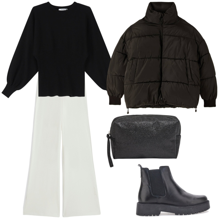 Outfit donna - Black e un tocco white. Stile Casual chic per Tutti i giorni. Abbinamento con piumini, valigie, maglieria, pantaloni, stivaletti chelsea.