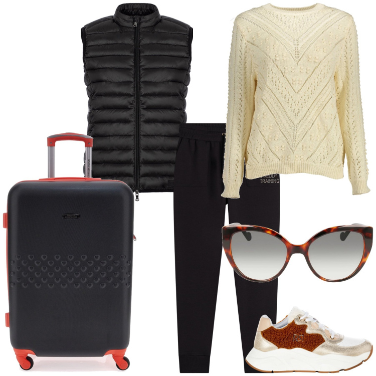 Outfit donna - Si parte per weekend Epifania. Stile Casual per Tutti i giorni. Abbinamento con sneakers, pantaloni, piumini, valigie, occhiali da sole, maglieria.