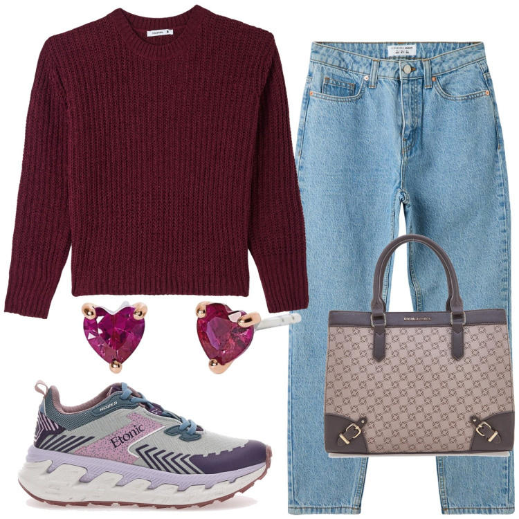 Outfit donna - Casual. Stile Casual per Sport. Abbinamento con jeans mom, maglieria, orecchini, borse a tracolla, sneakers.
