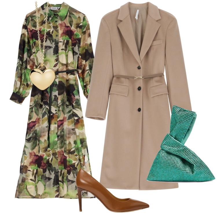 Outfit donna - Pranzo dell Epifania. Stile Glamour per Serata fuori. Abbinamento con collane, vestiti lunghi, cappotti, décolleté, borse a mano.