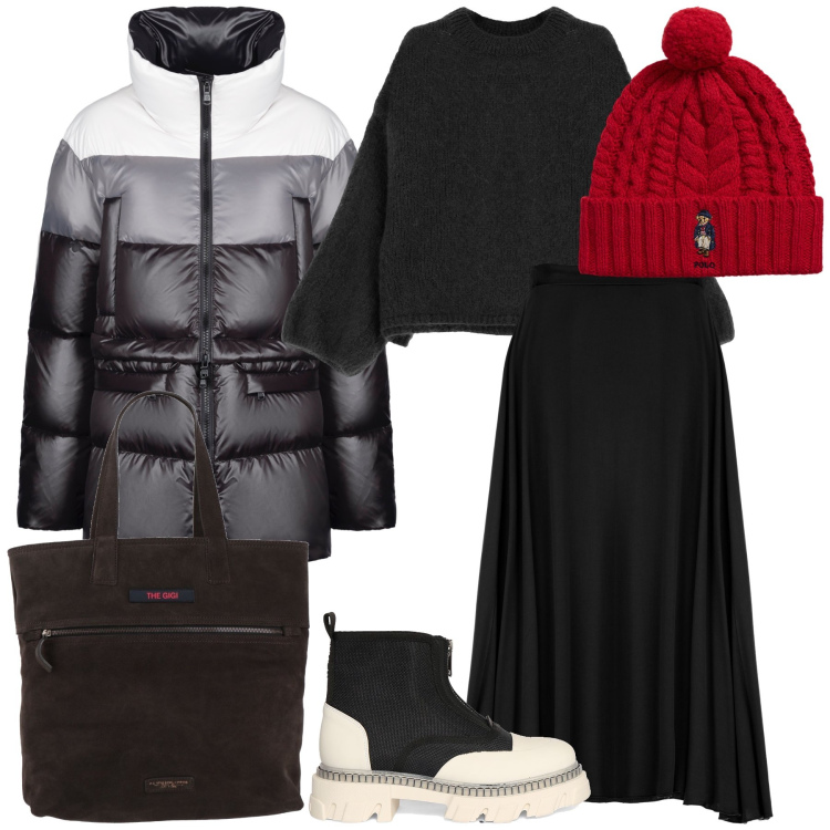 Outfit donna - Winter total look. Stile Trendy per Tutti i giorni. Abbinamento con borse a mano, pullovers, piumini, gonne lunghe, berretti, stivaletti.