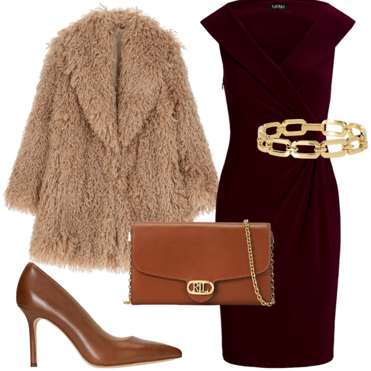Outfit donna - A cena con stile. Stile Glamour per Serata fuori. Abbinamento con braccialetti, ecopellicce, borse a tracolla, vestiti, décolleté.