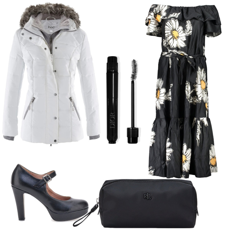 Outfit donna - Sabato sera. Stile Glamour per Serata fuori. Abbinamento con piumini, mascara, pochette, vestiti lunghi, décolleté.