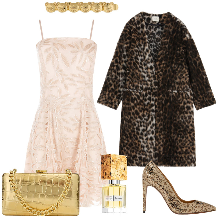 Outfit donna - La befana si attende al ballo. Stile Glamour per Serata fuori. Abbinamento con vestiti corti, profumi, cappotti, décolleté, clutch, accessori per capelli.