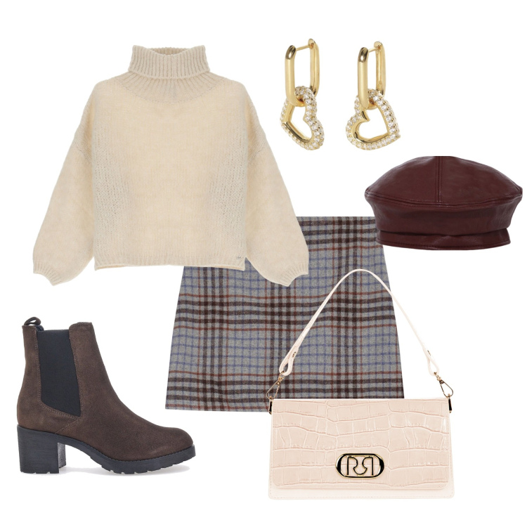 Outfit donna - Gonna a quadri. Stile Chic per Tutti i giorni. Abbinamento con orecchini, maglieria, borse a tracolla, minigonne, cappelli e berretti, stivaletti chelsea.