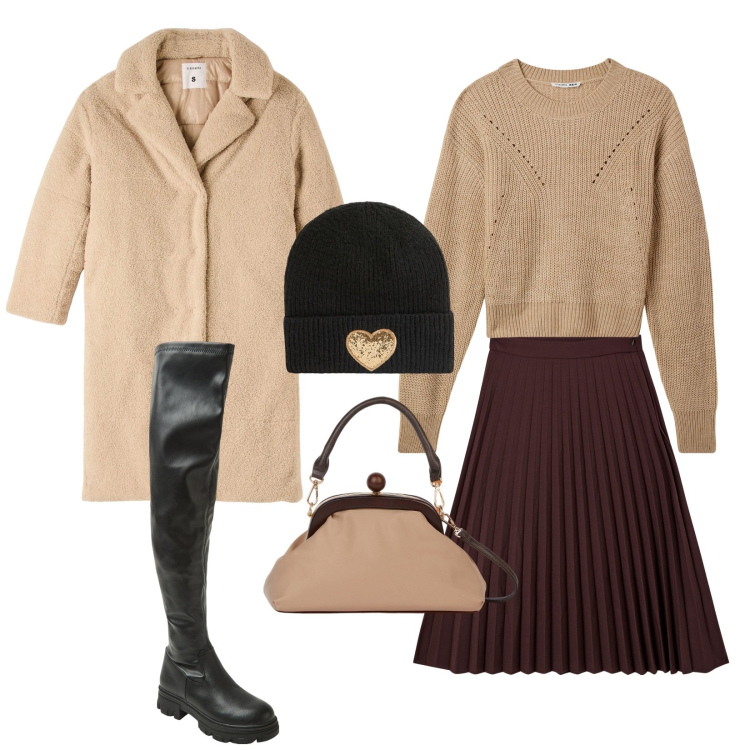 Outfit donna - New Year. Stile Casual chic per Tutti i giorni. Abbinamento con gonne lunghe, stivali, maglieria, cappotti, berretti, clutch.