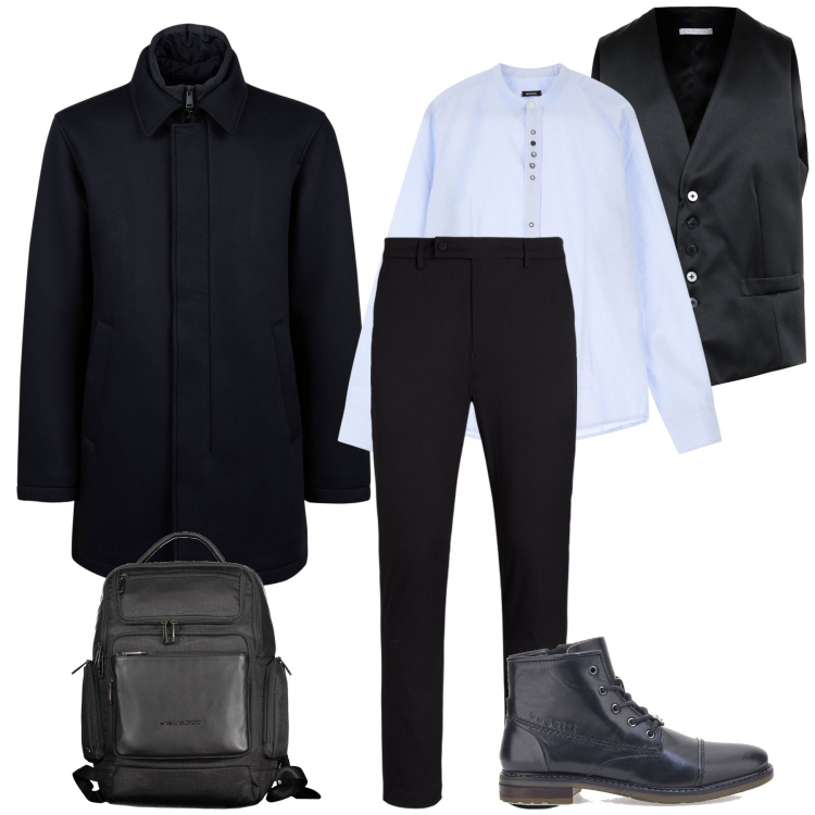 Outfit uomo - L’arte del layering maschile. Stile Business/Elegante per Serata speciale. Abbinamento con gilet, camicie, pantaloni, stivali e stivaletti, borse sportive, cappotti.