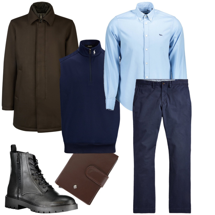 Outfit uomo - Vestirsi a strati. Stile Business/Elegante per Ufficio. Abbinamento con portafogli, pantaloni, gilet, cappotti, stivali, camicie.