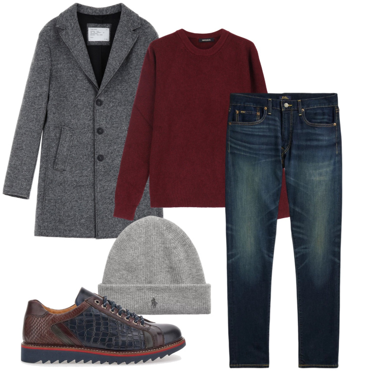 Outfit uomo - Il cappotto che fa la differenza. Stile Urban per Ufficio. Abbinamento con cappotti, pullovers, jeans, berretti, scarpe stringate.