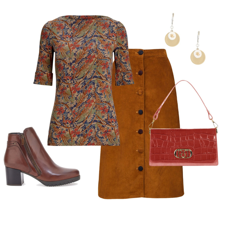 Outfit donna - Autunnale. Stile Casual chic per Tutti i giorni. Abbinamento con borse a tracolla, orecchini, maglieria, stivaletti, gonne longuette.