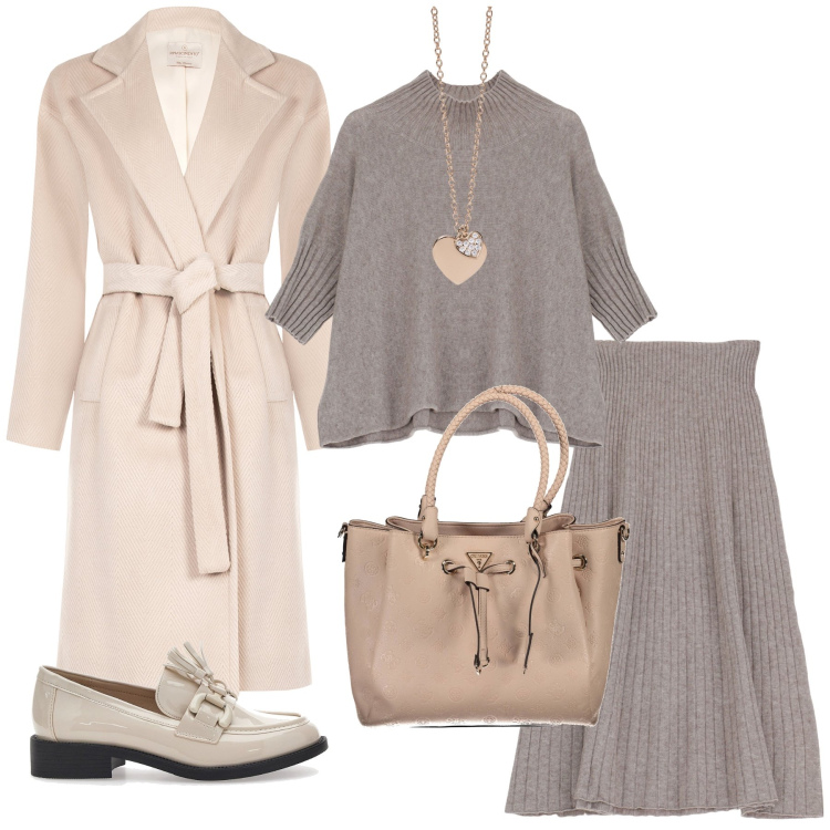 Outfit donna - Ritorno a lavoro. Stile Romantica per Ufficio. Abbinamento con ciondoli, cappotti, gonne longuette, maglieria, mocassini, borse a spalla.