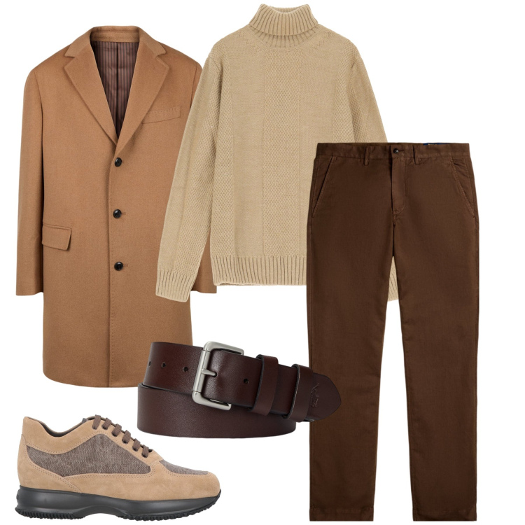 Outfit uomo - Il cappotto cammello. Stile Business/Elegante per Ufficio. Abbinamento con sneakers, maglieria, cinture, pantaloni, cappotti.