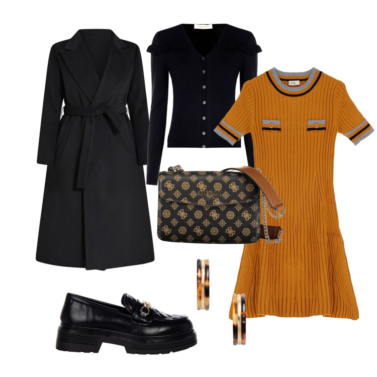 Outfit donna - New year. Stile Urban per Tutti i giorni. Abbinamento con mocassini, cappotti, cardigans, vestiti corti, orecchini, borse a spalla.
