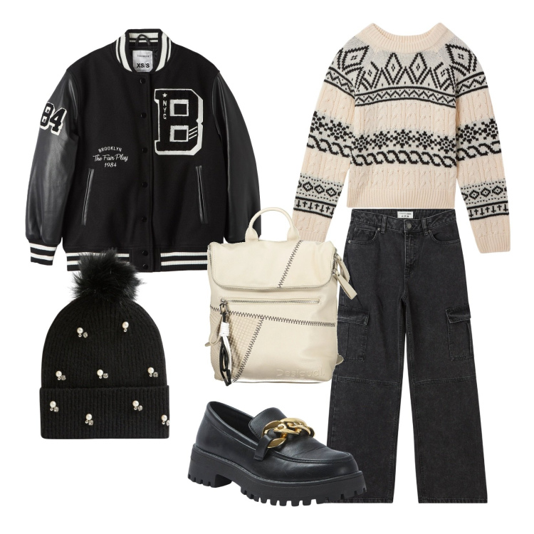 Outfit donna - New Year. Stile Urban per Tutti i giorni. Abbinamento con bomber, mocassini, jeans dritti, berretti, maglieria, zaini.
