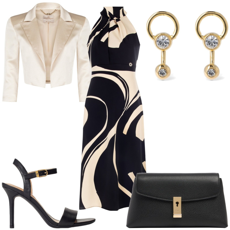 Outfit donna - Invitata elegante. Stile Chic per Cerimonia. Abbinamento con bolero, vestiti midi/longuette, sandali in pelle, pochette, orecchini.