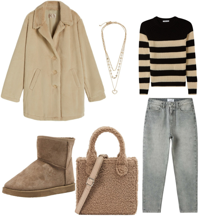 Outfit donna - Casual. Stile Urban per Tutti i giorni. Abbinamento con jeans mom, maglieria, shopping bag, stivaletti, collane, cappotti.