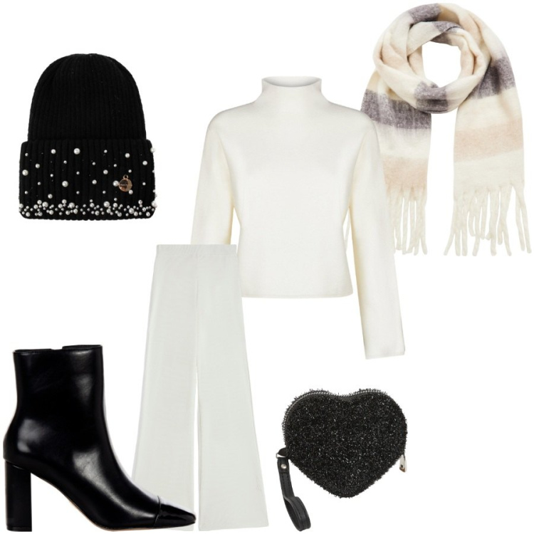 Outfit donna - L\'accessorio a cuore. Stile Chic per Tutti i giorni. Abbinamento con portafogli, sciarpe, stivaletti, berretti, pantaloni, cardigans.