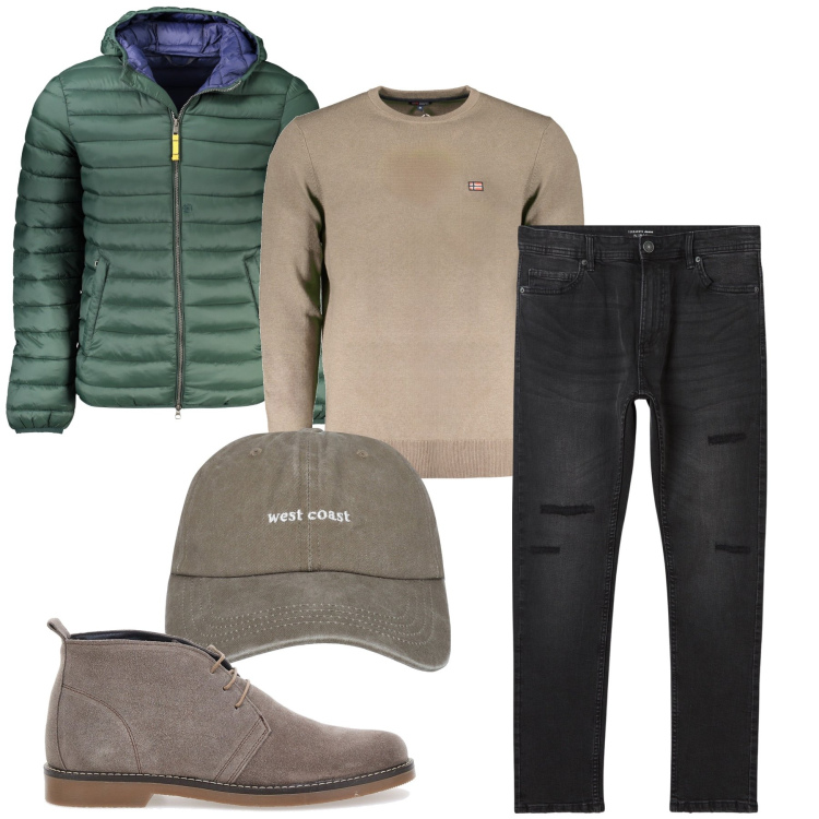 Outfit uomo - Weekend rilassante. Stile Casual per Tutti i giorni. Abbinamento con jeans strappati, cappelli, scarpe stringate, maglieria, giacche.