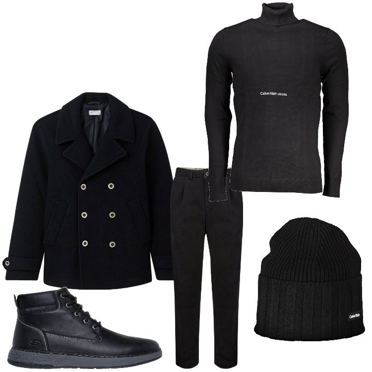 Outfit uomo - Inverno total black. Stile Casual per Tutti i giorni. Abbinamento con cappotti, stivali e stivaletti, berretti, maglieria, pantaloni.