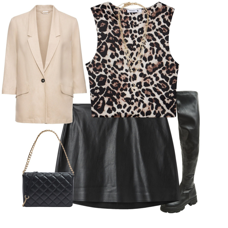 Outfit donna - Outfit disco. Stile Sexy per Serata fuori. Abbinamento con blazer, top, collane, stivali, minigonne, borse a tracolla.
