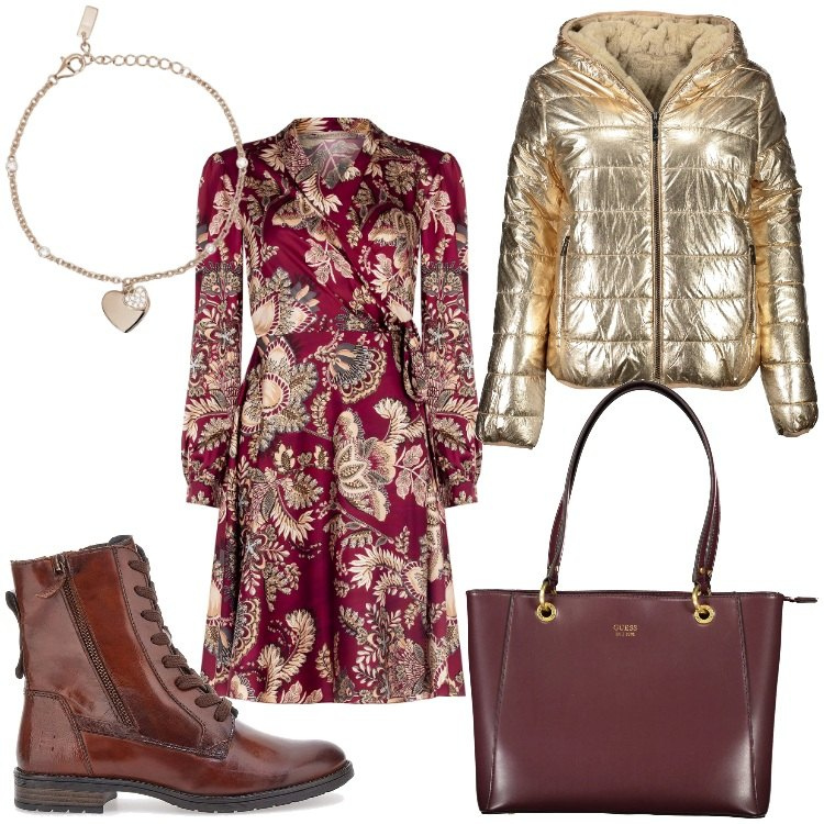 Outfit donna - Oro, cuori e fiori. Stile Casual chic per Ufficio. Abbinamento con braccialetti con ciondoli, vestiti, anfibi, piumini, borse a spalla.