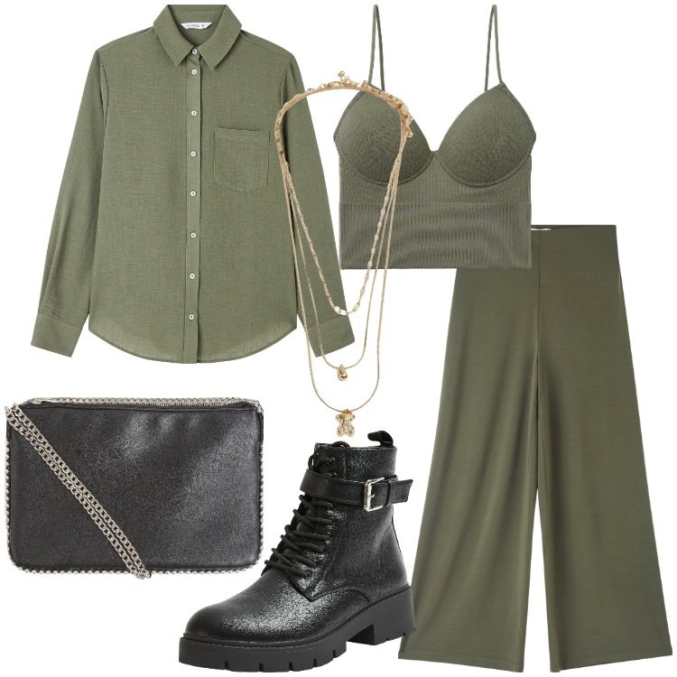 Outfit donna - Terranova - Speciale SALDI INVERNALI. Stile Trendy per Serata fuori. Abbinamento con borse a tracolla, top, pantaloni culotte, camicie, anfibi, ciondoli.