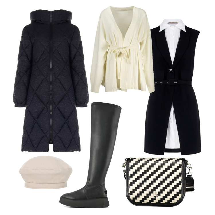 Outfit donna - New Year. Stile Urban per Tutti i giorni. Abbinamento con vestiti midi/longuette, piumini, cappelli e berretti, stivali sopra il ginocchio, cardigans, borse a tracolla.