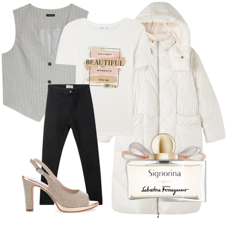 Outfit donna - Bella e simpatica. Stile Glamour per Serata fuori. Abbinamento con profumi, blazer, t-shirt, jeggings, décolleté, gilet.