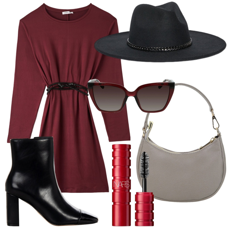 Outfit donna - Tonalità calde per gennaio. Stile Glamour per Serata fuori. Abbinamento con mascara, vestiti midi/longuette, stivaletti, borse a spalla, occhiali da sole, cappelli.