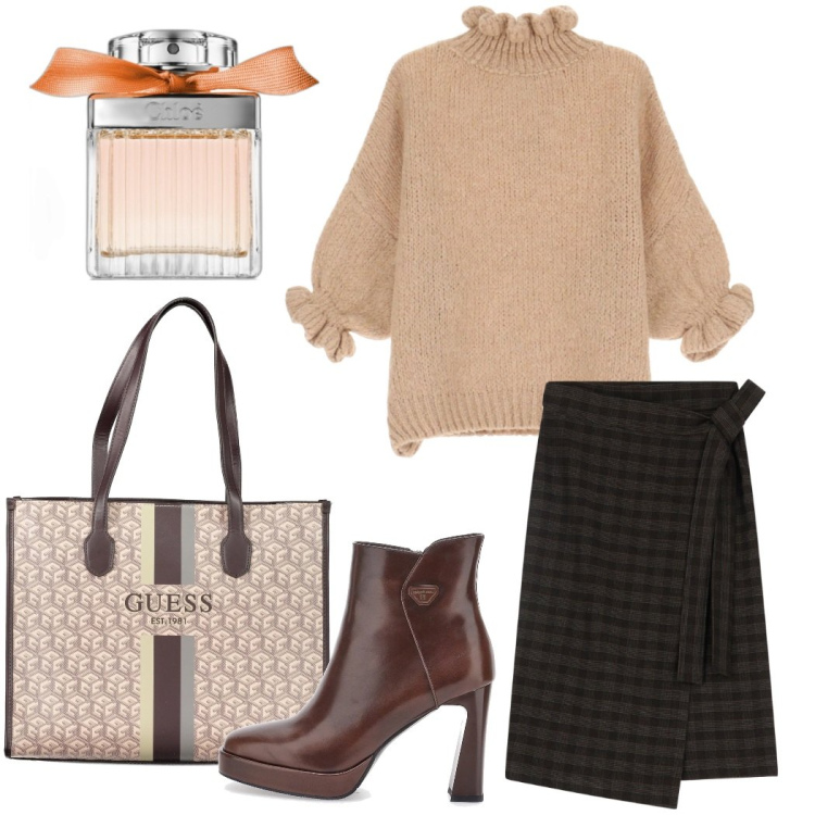 Outfit donna - Il pull bon ton. Stile Casual chic per Tutti i giorni. Abbinamento con profumi, maglieria, gonne longuette, stivaletti, borse a spalla.