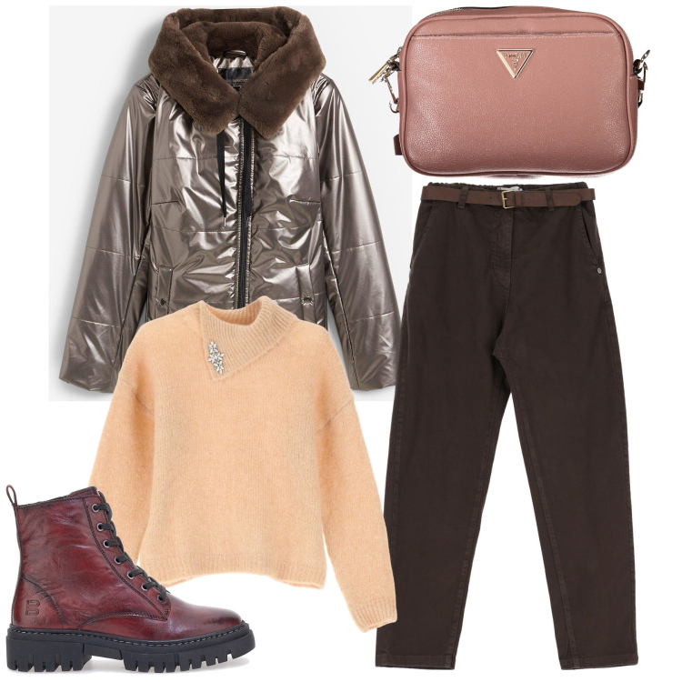 Outfit donna - Piumino prezioso. Stile Casual per Tutti i giorni. Abbinamento con giacche, pantaloni, maglieria, anfibi, borse a tracolla.