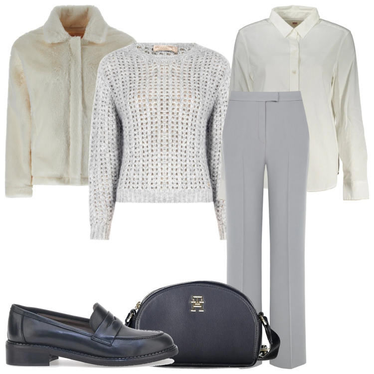 Outfit donna - Rientro in ufficio. Stile Glamour per Tutti i giorni. Abbinamento con maglieria, pantaloni a palazzo, cappotti, mocassini, borse a tracolla, camicie.
