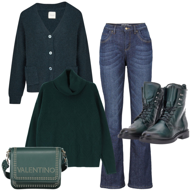 Outfit donna - Verde scurissimo. Stile Casual per Tutti i giorni. Abbinamento con jeans bootcut, maglieria, anfibi, cardigans, borse a spalla.