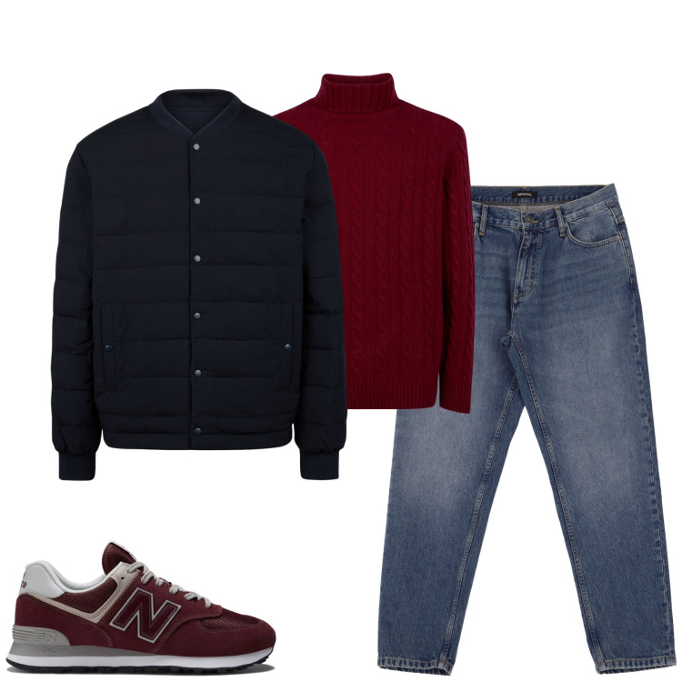 Outfit uomo - City. Stile Casual per Tutti i giorni. Abbinamento con sneakers, jeans, maglieria, piumini.