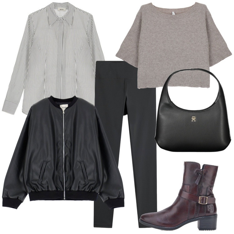 Outfit donna - Strati. Stile Bon Ton per Ufficio. Abbinamento con maglieria, leggings, bomber, camicie, stivaletti texani, borse a spalla.