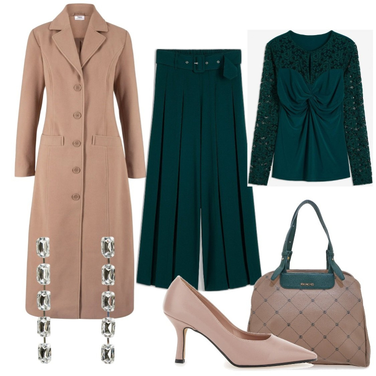 Outfit donna - Gennaio glamour. Stile Chic per Ufficio. Abbinamento con pantaloni, maglieria, cappotti, orecchini, borse a spalla, décolleté.