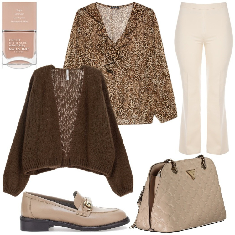 Outfit donna - Look ufficio. Stile Bon Ton per Ufficio. Abbinamento con smalti, pantaloni a palazzo, cardigans, mocassini, borse a spalla, bluse.