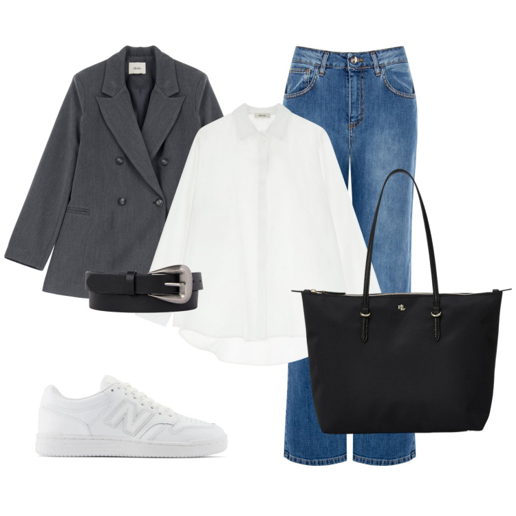 Outfit donna - In ufficio e poi in centro. Stile Casual per Ufficio. Abbinamento con sneakers, jeans, camicie, blazer, borse tote, cinture.
