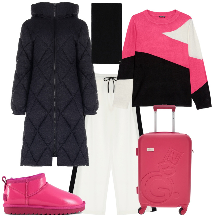 Outfit donna - Week end fuori porta. Stile Sporty chic per Tutti i giorni. Abbinamento con pantaloni, maglieria, stole, piumini, stivali, valigie.